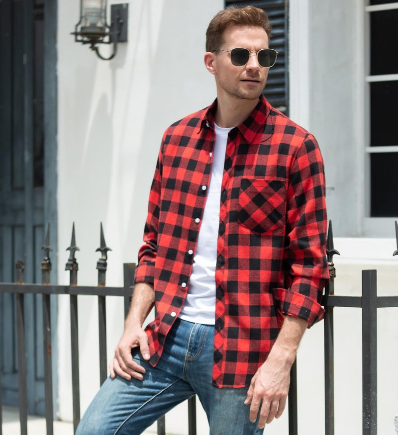 SANGTREE Mens Flannel Plaid Shirts Casual Long Sleeve Button Down Shirt Dad and Son Matching Shirts (Red, M) - Image 2